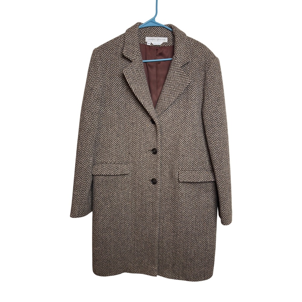 VTG Larry Levine Woolrich Herringbone Wool Coat Brown Tan Made in USA Womens 10